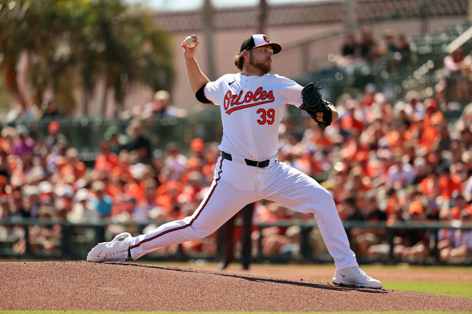 Feb 24, 2024; Sarasota, Florida, USA; Baltimore Orioles starting pitcher Corbin Burnes (39) throws a pitch during the first inning against the Boston Red Sox at Ed Smith Stadium.